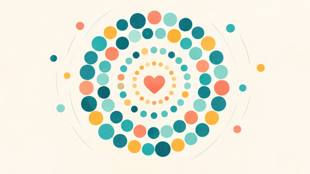 Colorful circles expanding around a heart, representing the growing impact of collective giving.
